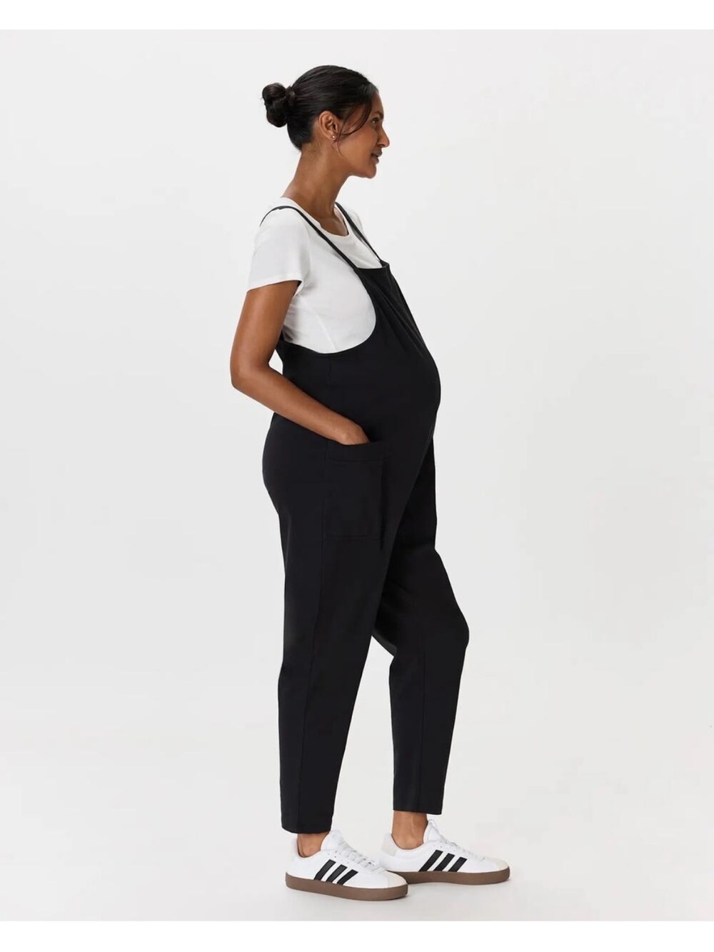 Quince organic cotton maternity overalls black stretchy comfort post partum sm